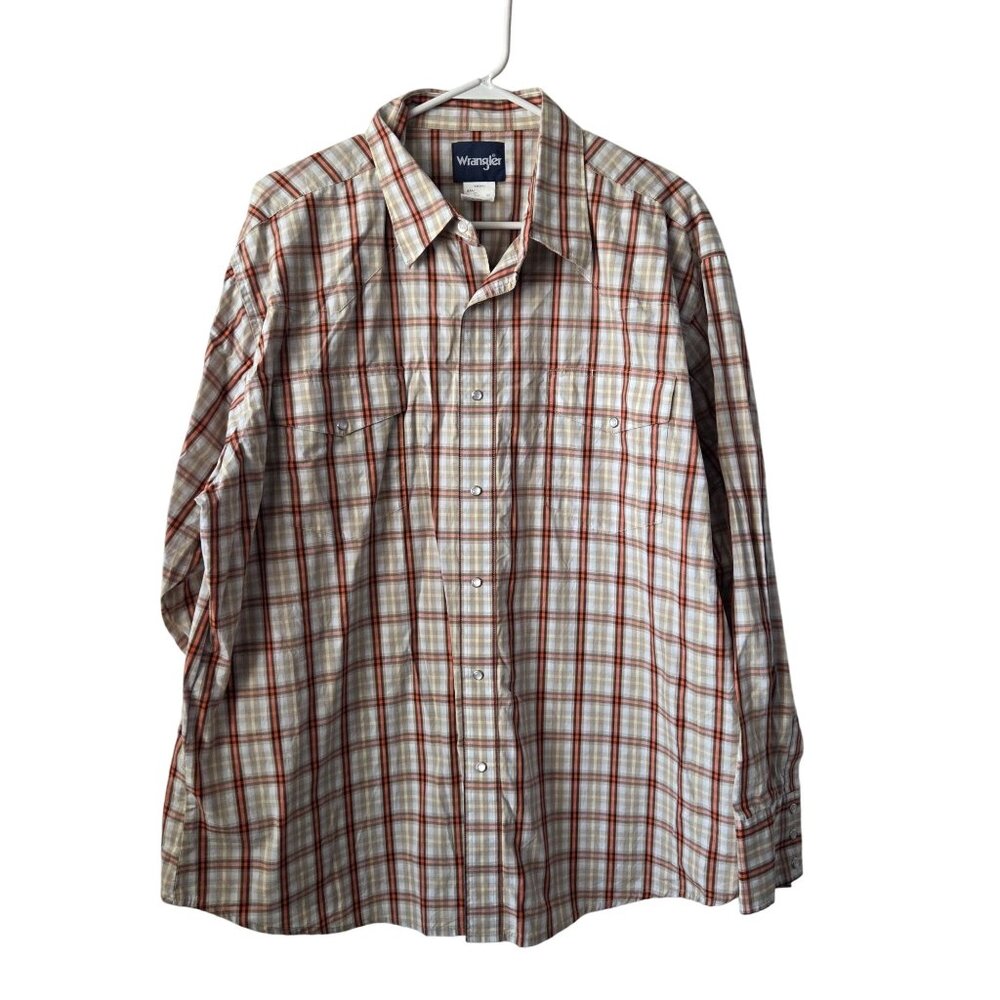 Wrangler Mens Size XXL Plaid Long Sleeve Western Pearl Snap Shirt Beige Orange